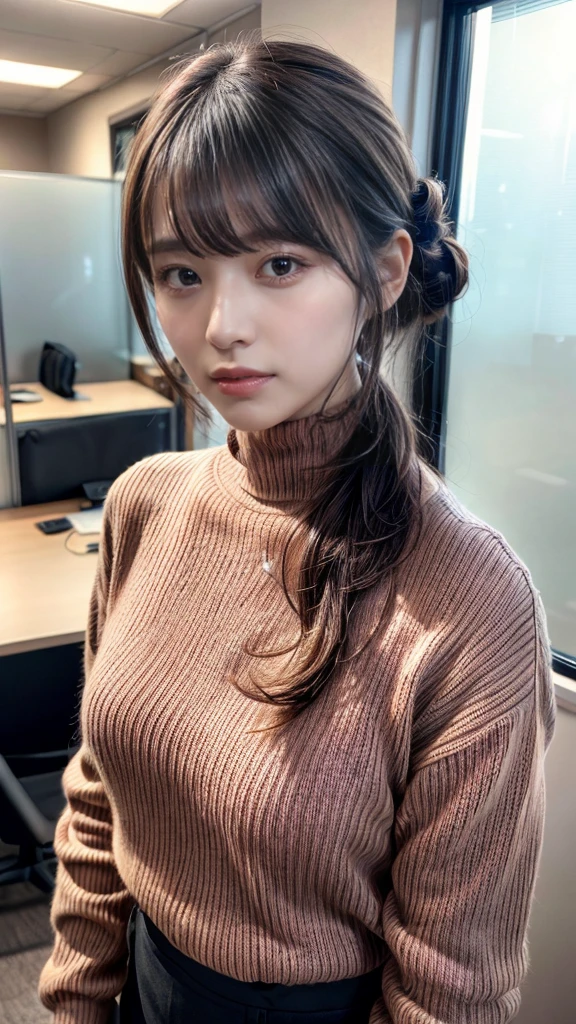 highest quality,Very detailed,finely,High resolution,8k wallpaper,Perfect dynamic composition,20 yo, Office Lady,whole body,Are standing,Pink knitwear,turtleneck,Shedding bangs,updo,finel beautiful eyes,Natural Lip