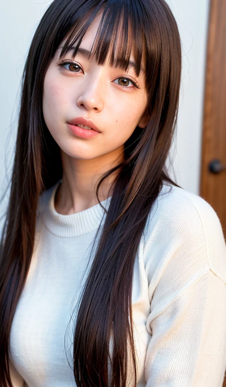 (masterpiece:1.3), (8K, Photorealistic, Raw photo, Best image quality: 1.4), Japanese schoolgirl、(Long Hairstyles:1.3)、Super detailed face、Attention to detail、double eyelid、Cute Girls:1.6、Light brown hair、Highest quality、masterpiece、Ultra-high resolution、(Photorealistic:1.4)、Knitwear、thin、Bright smile、(Plump lips 1.4)、rounded cheeks、(Slightly droopy eyes 1.2)