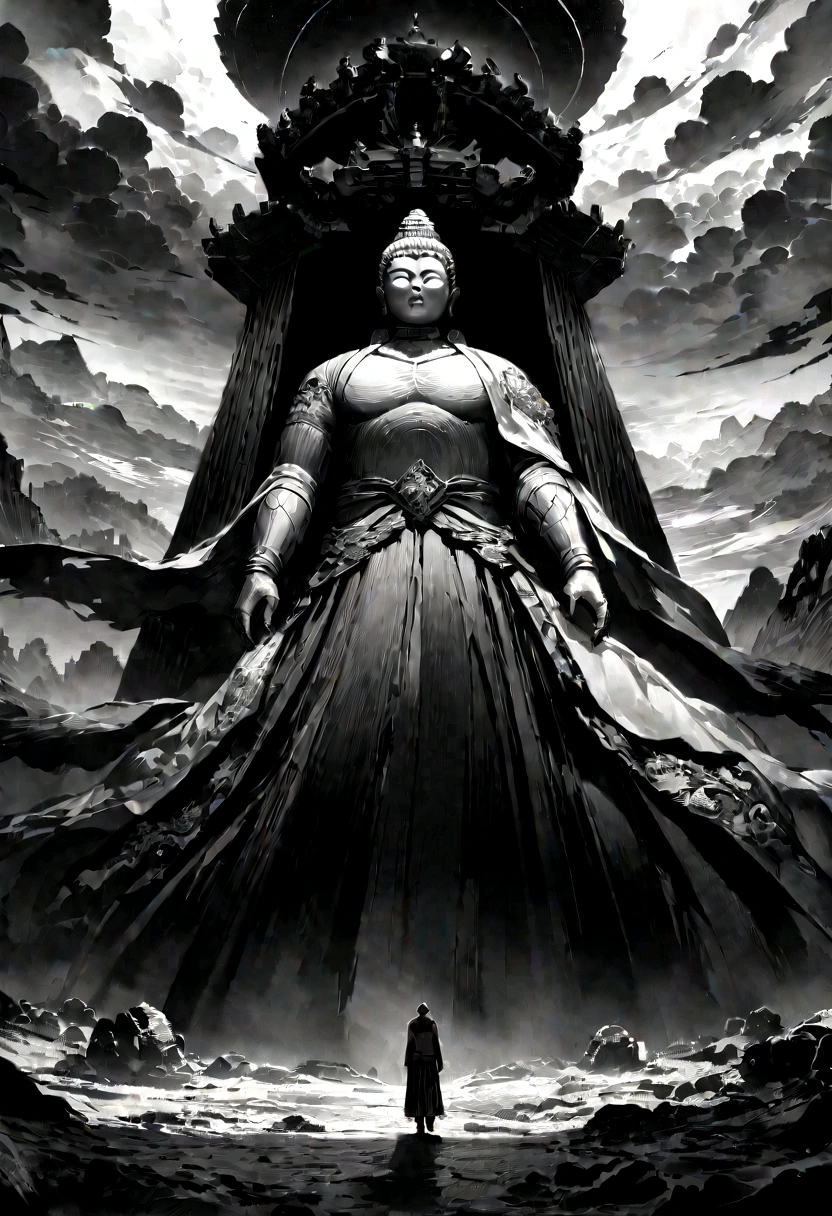 ((masterpiece)),(最high quality)),Chinese style,In the sky, Clouds form a giant Maitreya Buddha statue,Gazing at Earth,Standing Buddha statue,The light shines,Glow effect,Pilgrims' Path,Surreal,Ultra-photorealism,real photography,8K,High resolution,high quality,Masterpieces,Ultra-fine,Chinese black and white ink style,(((White))),Decolorization,Dirt,ink,8K,Ultra-fine,high quality,(((OC Renderer)))