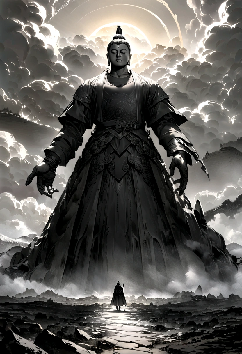 ((masterpiece))，(最high quality))，Chinese style，In the sky, Clouds form a giant Maitreya Buddha statue，Gazing at Earth，Standing Buddha statue，The light shines，Glow effect，Pilgrims&#39; Path，Surreal，Ultra-photorealism，real photography，8K，High resolution，high quality，Masterpieces，Ultra-fine，Chinese black and white ink style，（（（White））），Decolorization，Dirt，ink，8K，Ultra-fine，high quality，（（（OC Renderer）））