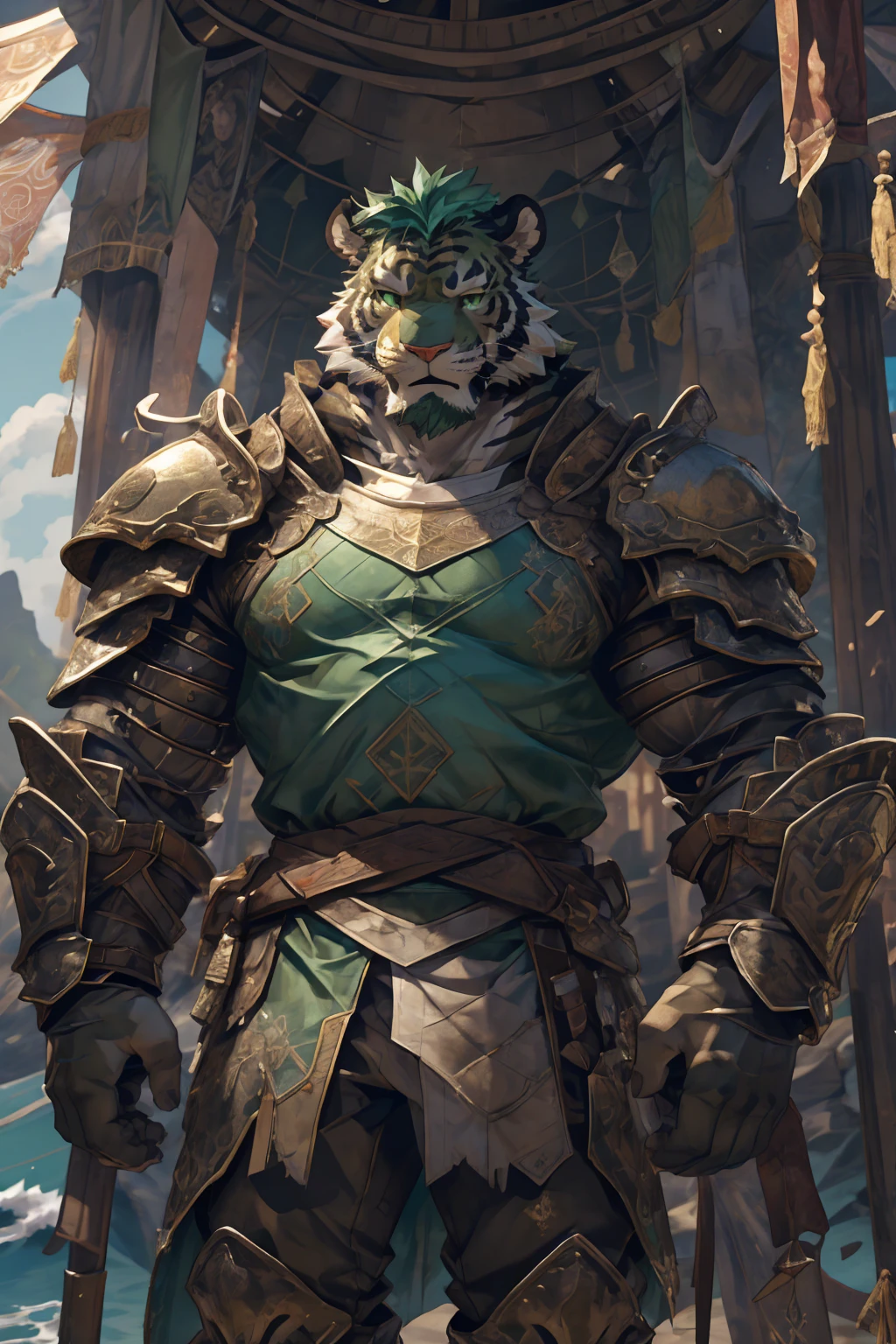 (淡翠色tiger),(Medieval armor:1.2),(Medieval Armor:1.3),Holding a spear,Awesome posture,Standing proudly and confidently,(The background is an endless ocean:1.5),Abdominal muscles,Heroic飒爽,完美的masterpiece,Various facial details,Close-up view,specific description,masterpiece,cg,(Pale green eyes),Light green pattern,Light green tail,Military commander,(Heroic),tiger,Emerald fur,Detailed facial details,Half Body,,(Long feather),((middle aged)),(Face Focus),(16K),HD,Green and white belly,temple,beard,(Face lines),Heterochromia,(Emerald green battle robe),(Emerald green hair),Strong,muscle,(high resolution:1.3),Weeds underfoot