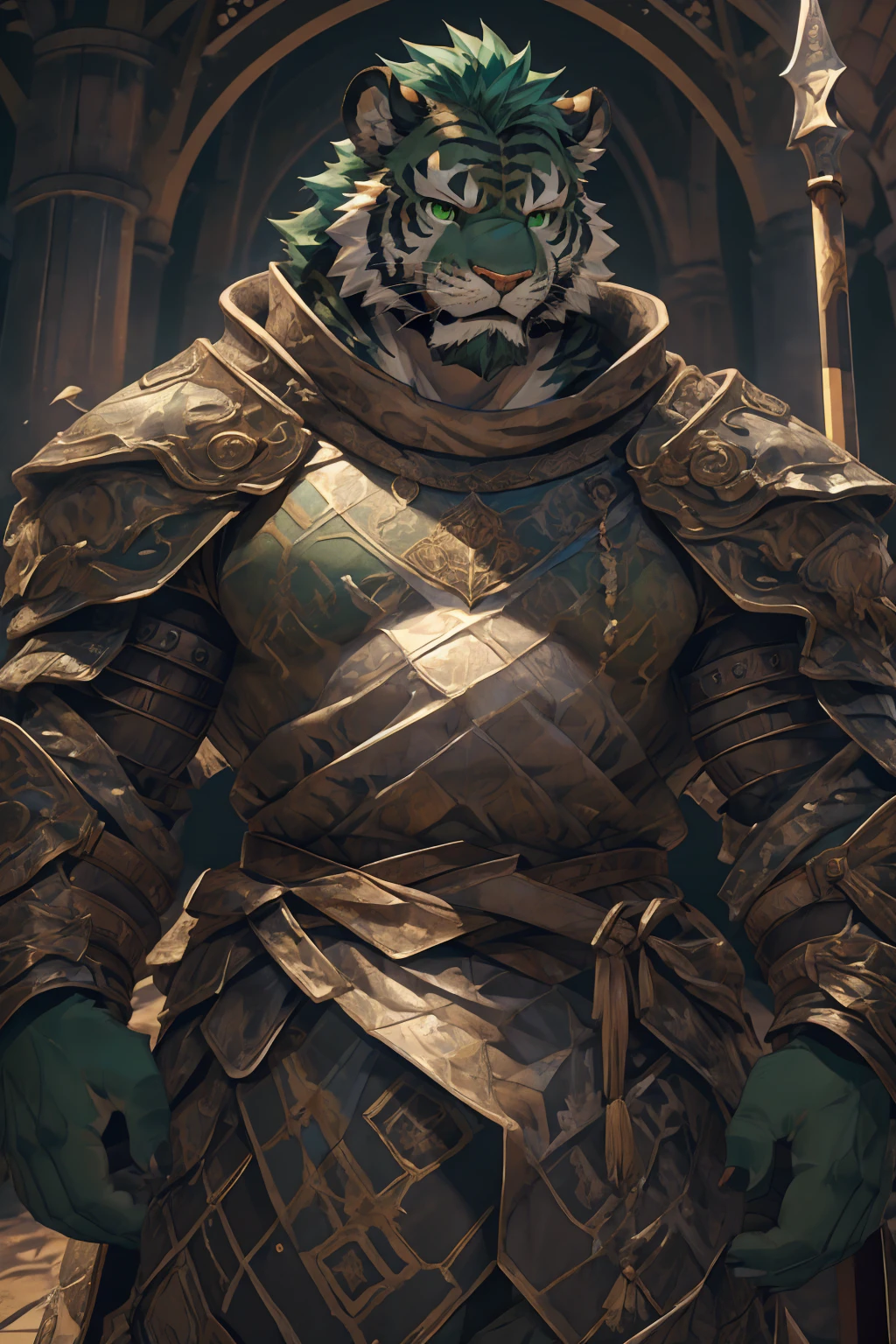(淡翠色tiger),(Medieval armor:1.2),(Medieval Armor:1.3),Holding a spear,Awesome posture,Standing proudly and confidently,(The background is an endless ocean:1.5),Abdominal muscles,Heroic飒爽,完美的masterpiece,Various facial details,Close-up view,specific description,masterpiece,cg,(Pale green eyes),Light green pattern,Light green tail,Military commander,(Heroic),tiger,Emerald fur,Detailed facial details,Half Body,,(Long feather),((middle aged)),(Face Focus),(16K),HD,Green and white belly,temple,beard,(Face lines),Heterochromia,(Emerald green battle robe),(Emerald green hair),Strong,muscle,(high resolution:1.3),Weeds underfoot