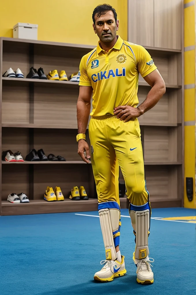 Ms dhoni csk wearing csk jersey shoes pads standing at straight pose 