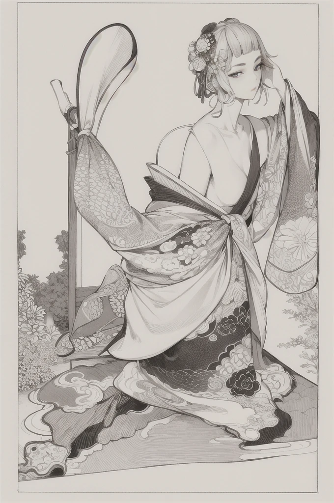 best quality, masterpiece, photo, 4K, photorealistic, highly detailed, black and white, closeup, Create a realistic ukiyo-e illustration of a cute girl in a kimono that conveys Japanese culture in various poses with a Japanese garden in the background, using a simple monochrome coloring book that even children can do.
