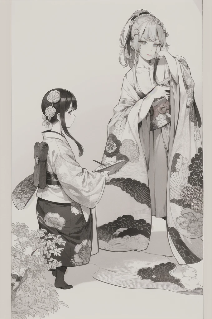 best quality, masterpiece, photo, 4K, photorealistic, highly detailed, black and white, closeup, Create a realistic ukiyo-e illustration of a cute girl in a kimono that conveys Japanese culture in various poses with a Japanese garden in the background, using a simple monochrome coloring book that even children can do.