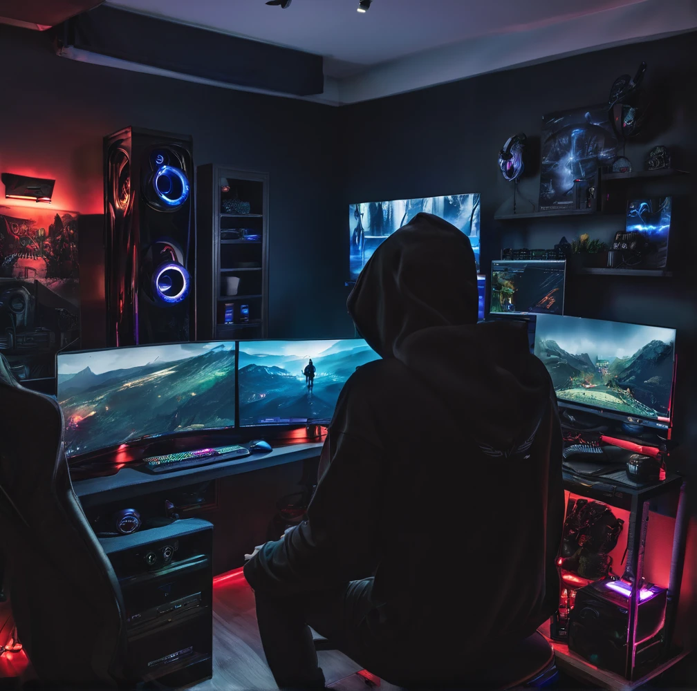 Gamer lone boy in gaming room with the dark theme in covered in hoody with expensive gaming setup