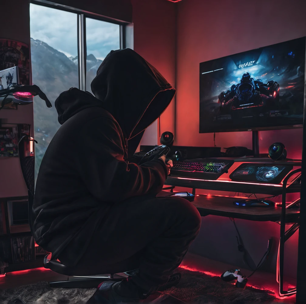 Gamer lone boy in gaming room with the dark theme in covered in hoody with expensive gaming setup