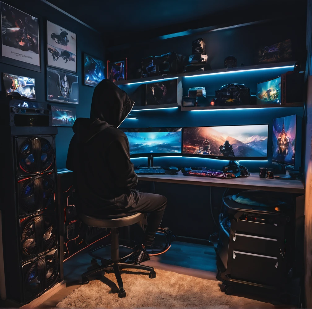 Gamer lone boy in gaming room with the dark theme in covered in hoody with expensive gaming setup
