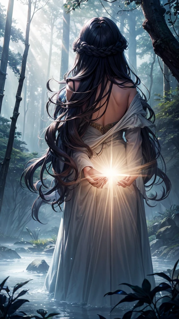 A high-resolution fantasy forest scene with a misty atmosphere. In the center, a silhouetted woman with long, wavy hair is standing with her back towards the viewer. The environment is dark, but beams of light pierce through the fog, illuminating the outline of the woman. The overall scene is mystical, with a sense of magic and mystery. High-quality and highly detailed rendering is essential.