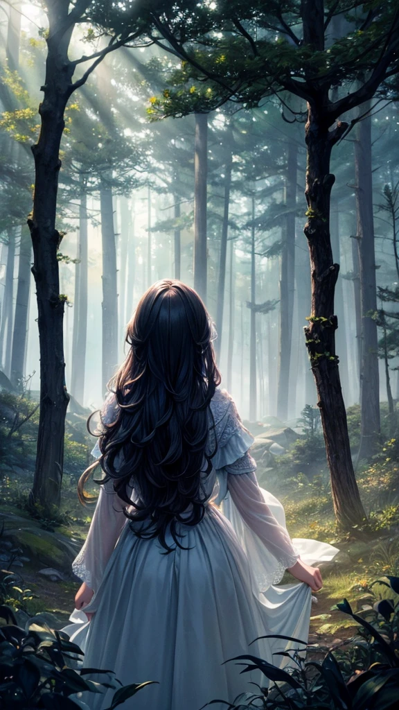 A high-resolution fantasy forest scene with a misty atmosphere. In the center, a silhouetted woman with long, wavy hair is standing with her back towards the viewer. The environment is dark, but beams of light pierce through the fog, illuminating the outline of the woman. The overall scene is mystical, with a sense of magic and mystery. High-quality and highly detailed rendering is essential.