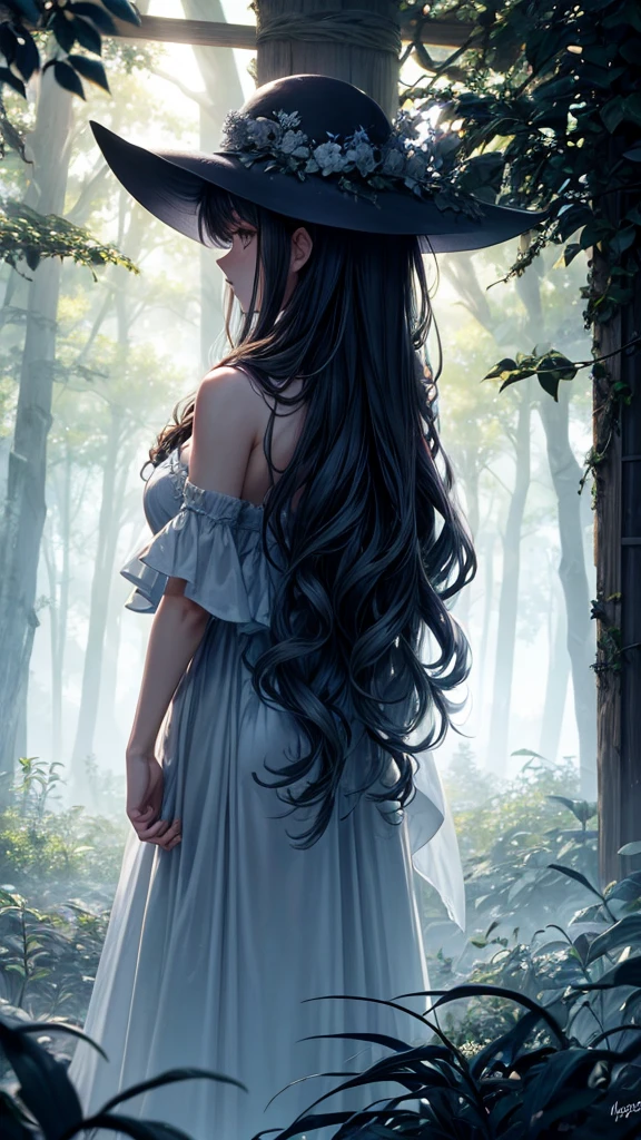A high-resolution fantasy forest scene with a misty atmosphere. In the center, a silhouetted woman with long, wavy hair is standing with her back towards the viewer. The environment is dark, but beams of light pierce through the fog, illuminating the outline of the woman. The overall scene is mystical, with a sense of magic and mystery. High-quality and highly detailed rendering is essential.