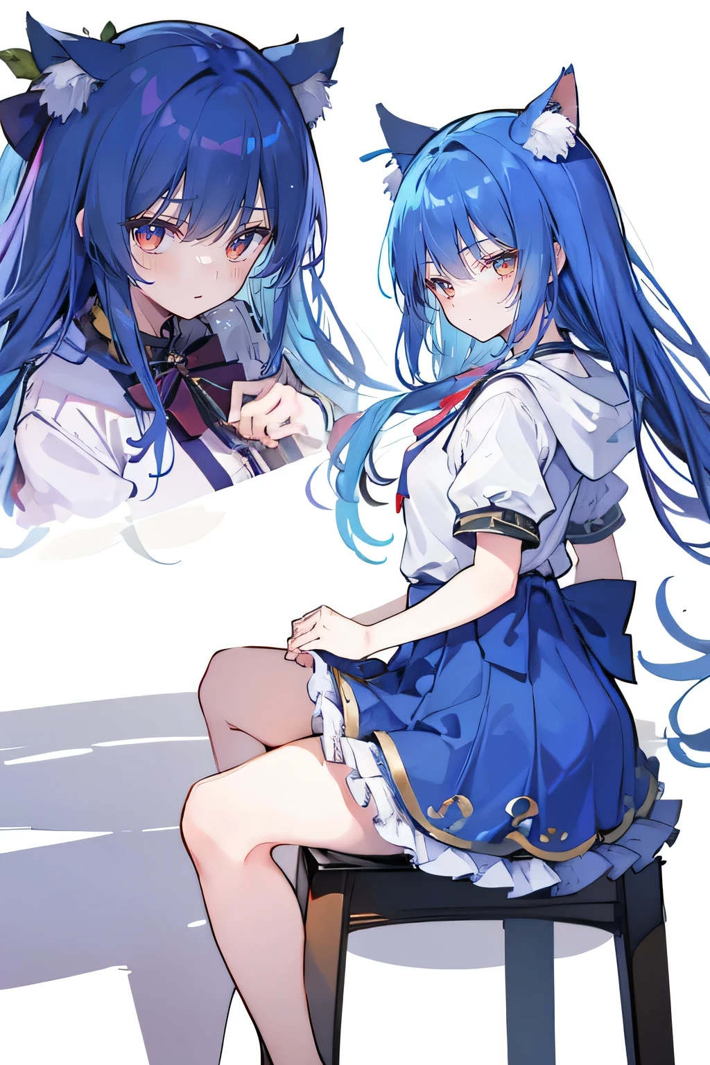 (masterpiece:1.2),Super detailed,lifelike,Expressive eyes,fair skin,perfect face shape,1 girl,
Japanese comics,Gorgeous blue hair,flowing blue hair,flowing clothes,Cat ears,Petals fall,beautiful lola,Baby Angel,
Cross your legs,Gentle and peaceful background,The pavilion is cool and comfortable,smile, wearing hoodie, background of tokyo,back views,snowing, winter.