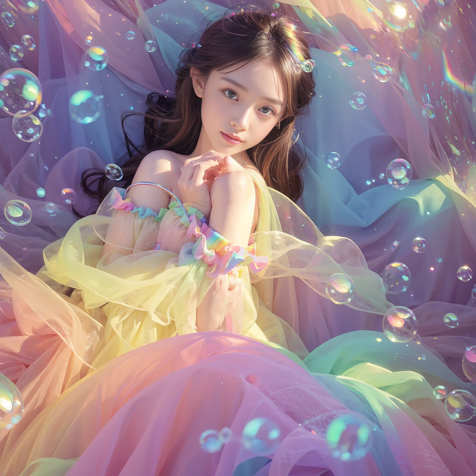 masterpiece, Highest quality, Intricate details, Excellent anatomy、beautiful girl, Sparkling eyes, Otherworldly liquid fantasy background, watercolor, Bright and vibrant colors, Whimsical, colorful, Layered tiered puffy long sleeve ball gown, ((Rainbow bubbles))