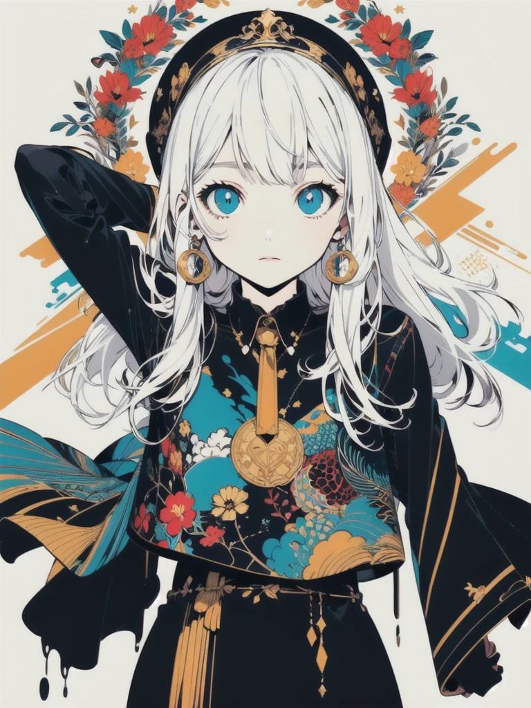 leaning back with hands out in the air,girl、high school girl、(masterpiece, highest quality, official art:1.2), (flat color:1.5),(colorful),looking at the viewer,1 girl,alone, white background, ,(2D:1.5) ,NSFW