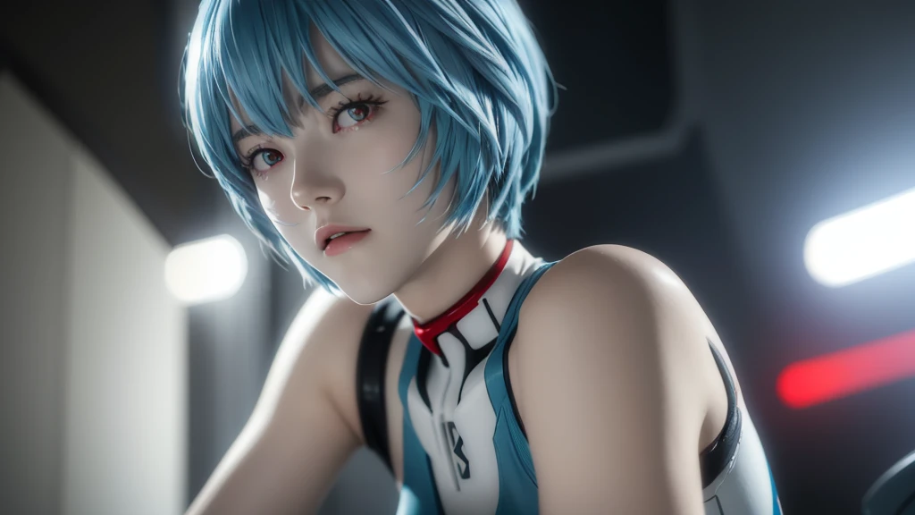 Teenage Girl, Rei Ayanami, (Ayanami Rei:1.2), Blue Hair, short hair, (Red eyes:1.3),Bodysuits, headgear, Plug Suit, white Bodysuits, Realistic, 4K, photoRealistic, Highest quality, Research Room, Dramatic Light, Aloe Clapart-1000, Ray Tracing,Detail Shadow,Shot with the Fujifilm X-T4,85mm,F1.2,Sharp focus,Depth of written boundary,Blurred Background,Bokeh,Lens flare