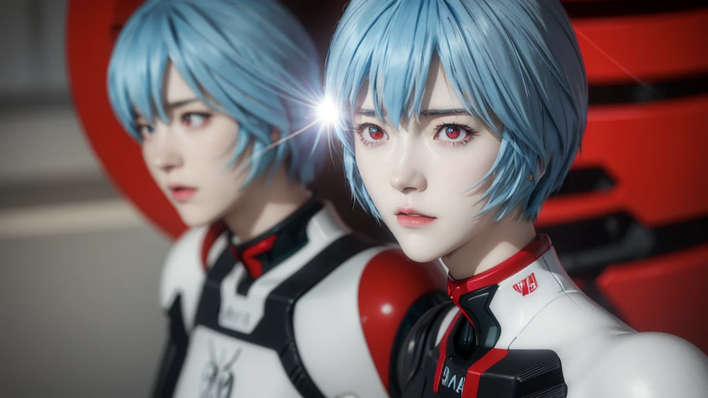 age Girl, Rei Ayanami, (Ayanami Rei:1.2), Blue Hair, short hair, (Red eyes:1.3),Bodysuits, headgear, Plug Suit, white Bodysuits, Realistic, 4K, photoRealistic, Highest quality, Research Room, Dramatic Light, Aloe Clapart-1000, Ray Tracing,Detail Shadow,Shot with the Fujifilm X-T4,85mm,F1.2,Sharp focus,Depth of written boundary,Blurred Background,Bokeh,Lens flare