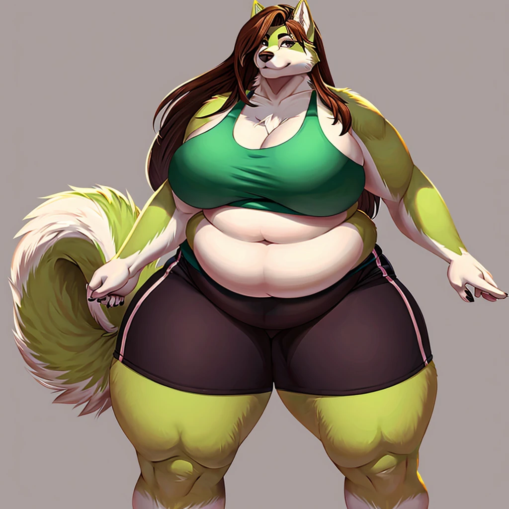 Malamute, female, long hair, gorgeous, beautiful, eyelashes, voluptuous, plump, belly rolls, fat arms, fat legs, ,tank top, shorts ,huge saggy breasts ,fringe on eye,heavy top, huge hips huge thighs heavy bottom ,sports bra,sports shorts, simple background , morbidly obese, belly rolls, fat rolls, belly rolls,belly overhang,rolled up tail, green fur