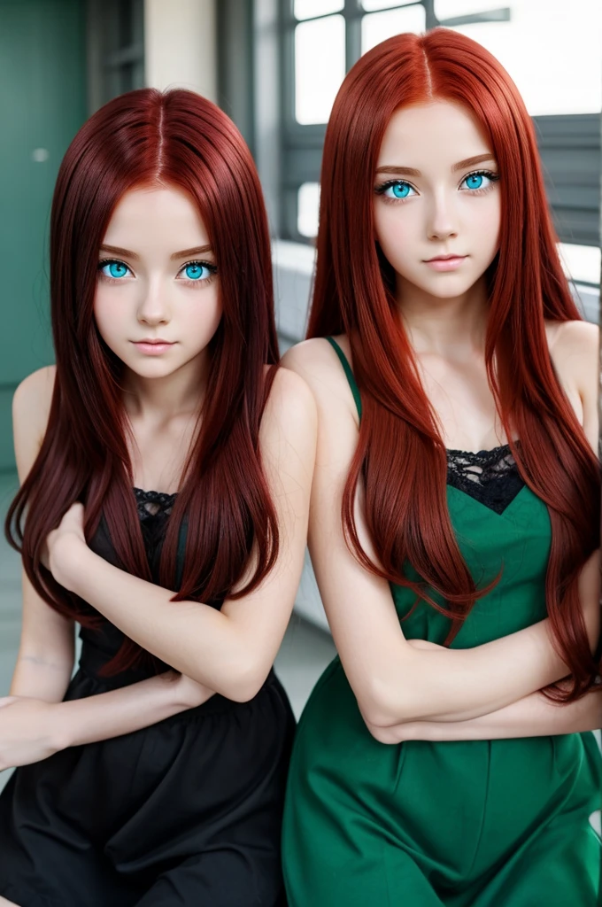 Two twin girls with different hair and eyes, red hair and blue eyes, black hair and green eyes, anime style