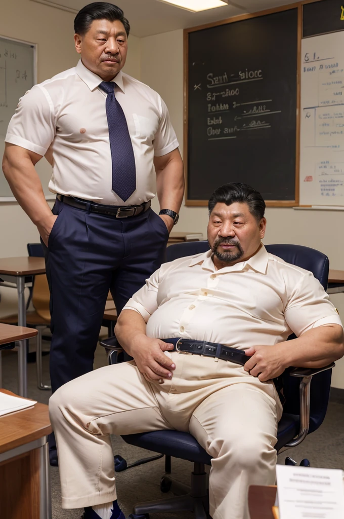 4k quality, old male, Chinese old man, China face, massive pec, strong muscles, big belly, black hair, math teacher, wearing white shirtshirt tucked into trousers, tie,belt, heat, sweat stains, sweat all over, shame, grey gloomtache, massive pec, blush, satisfied looking, sitting, holding a conference, class roomwearing navy black nylon sexy socks,