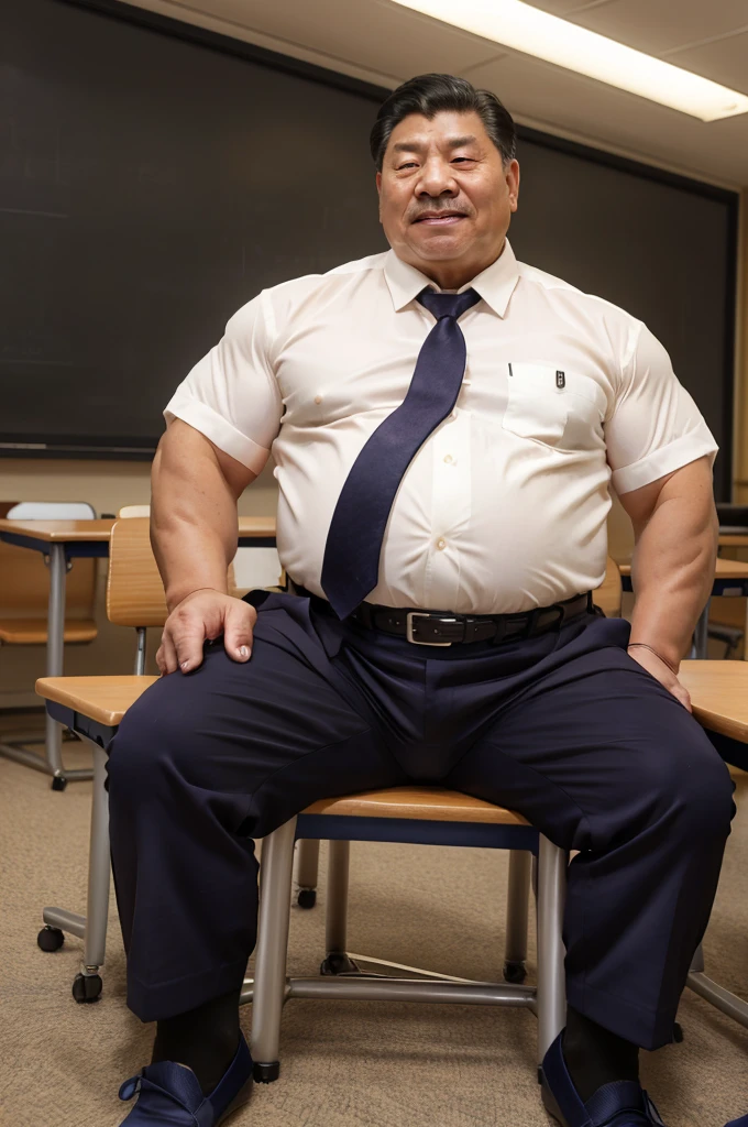 4k quality, old male, Chinese old man, China face, massive pec, strong muscles, big belly, black hair, math teacher, wearing white shirtshirt tucked into trousers, tie,belt, heat, sweat stains, sweat all over, shame, grey gloomtache, massive pec, blush, satisfied looking, sitting, holding a conference, class roomwearing navy black nylon sexy socks,