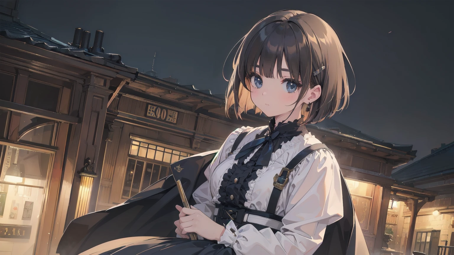 (Highest quality、16K、masterpiece、Ultra-high resolution、Victorian era、Realistic:1.2)、Cowboy Shot、One-length bob cut braided hair clip with front drop、Branded Uniforms　cute、clear、 Tsundere、heroine&#39;attribute

