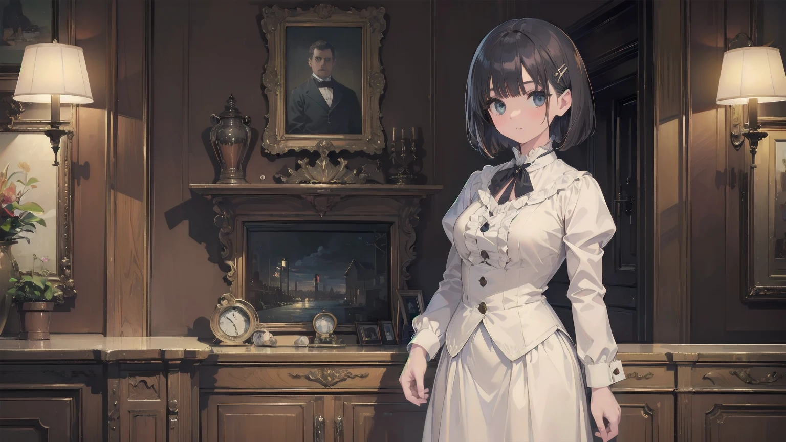 (Highest quality、16K、masterpiece、Ultra-high resolution、Victorian era、Realistic:1.2)、Cowboy Shot、One-length bob cut braided hair clip with front drop、Branded Uniforms cute、clear、 Tsundere、heroine'attribute