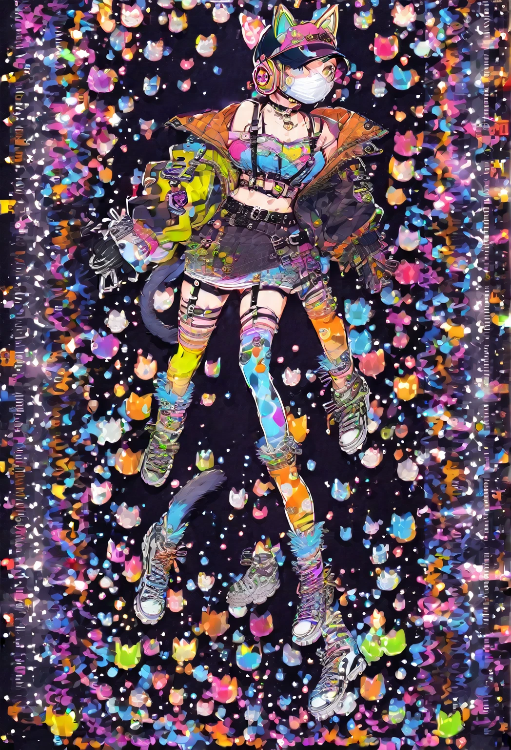 ((masterpiece:0), best quality, very aesthetic, newest, absurdres, detailed, high quality)
BREAK
highest quality, top quality, details, highres, ultra fine painting, digital art, official art, cinematic, 4k, 8k resolution, 8K CG wallpaper, CG, original artwork, detailed background, colorful background, blue atmosphere, High Dynamic Range, blurry background, blue hour, Starburst effects, crepuscular rays, good ISO, high resolution, wide shot, from far away, RAW photo, POV, sharp focus, light reflection, reflections, intricate details, soft light, particle noise, professional photography, bokeh, depth of field, natural lighting, vibrant colors, looking away, detailed lights and shadows, stylish, ultra-detailed, top rated on Pixiv, trending on Artstation, niji style, modern-days, master crafted, pose
BREAK
solo, 1girl, a girl, correct fingers, detailed hair, (medium big breasts:1.2), big thighs, short torso, short body, flushtered, blush, anxious expression, casual, slim, ((cute, childlike face):1.3), nice hips, nice body, brown hair, (long flowing hair:1.1), big 2 buns hairstyle, long bangs, long hair, middle hair bangs, brown eyes
BREAK
((colorful outfit), off shoulder crop top, short skirt, shoulder headphone, jacket, casual cap, belts, straps, choker, gloves, boots, stockings, garterbelt, accessories, outfit ornaments, sneakers, kemonomimi, tail, mouthmask, (full body:1.3))
BREAK
a close up of a person walking down a street with a crowd of people, crowded street, crowded streets, in front of a large crowd, giant crowd, girl walking through city, people walking down a street