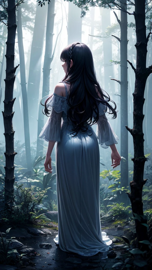 A high-resolution fantasy forest scene with a misty atmosphere. In the center, a silhouetted woman with long, wavy hair is standing with her back towards the viewer. The environment is dark, but beams of light pierce through the fog, illuminating the outline of the woman. The overall scene is mystical, with a sense of magic and mystery. High-quality and highly detailed rendering is essential.