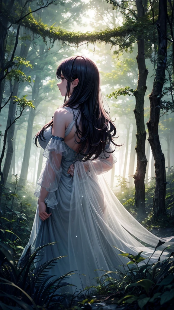 A high-resolution fantasy forest scene with a misty atmosphere. In the center, a silhouetted woman with long, wavy hair is standing with her back towards the viewer. The environment is dark, but beams of light pierce through the fog, illuminating the outline of the woman. The overall scene is mystical, with a sense of magic and mystery. High-quality and highly detailed rendering is essential.