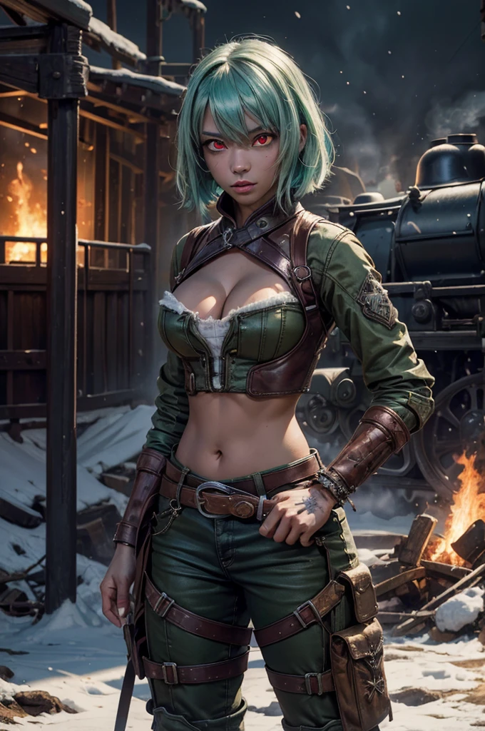 emeraldsustrai, emerald sustrai, short hair, (red eyes:1.5), (green hair), dark skin, dark-skinned female, navel, cleavage, midriff, belt, cleavage cutout, chaps, snow, ((broken suspension bridge, near old steam train)), post-apocalypse, dystopian future, crowd, (crowd in military uniforms), bonfires, (volumetric lighting),  intricate details, tonemapping, sharp focus, hyper detailed, (cowboy shot:1.5), BREAK (masterpiece:1.2), best quality, high resolution, unity 8k wallpaper, (illustration:0.8), (beautiful detailed eyes:1.6), extremely detailed face, perfect lighting, extremely detailed CG, (perfect hands, perfect anatomy),