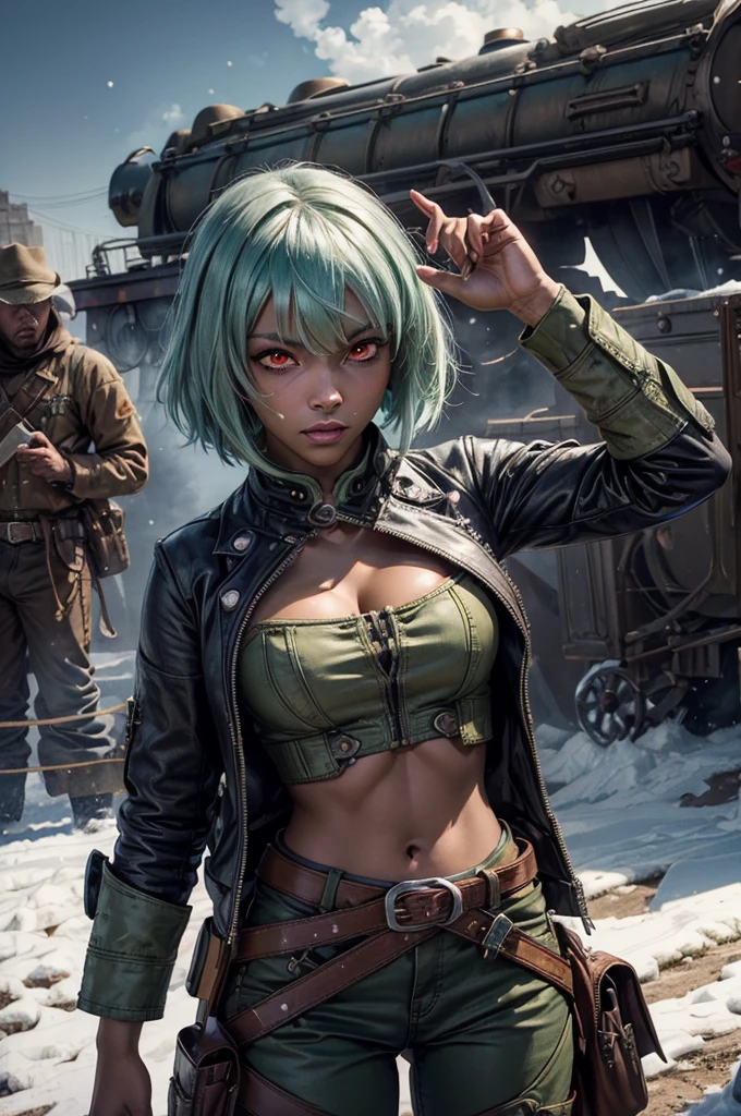 emeraldsustrai, emerald sustrai, short hair, (red eyes:1.5), (green hair), dark skin, dark-skinned female, navel, cleavage, midriff, belt, cleavage cutout, chaps, snow, ((broken suspension bridge, near old steam train)), post-apocalypse, dystopian future, crowd, (crowd in military uniforms), bonfires, (volumetric lighting),  intricate details, tonemapping, sharp focus, hyper detailed, (cowboy shot:1.5), BREAK (masterpiece:1.2), best quality, high resolution, unity 8k wallpaper, (illustration:0.8), (beautiful detailed eyes:1.6), extremely detailed face, perfect lighting, extremely detailed CG, (perfect hands, perfect anatomy),