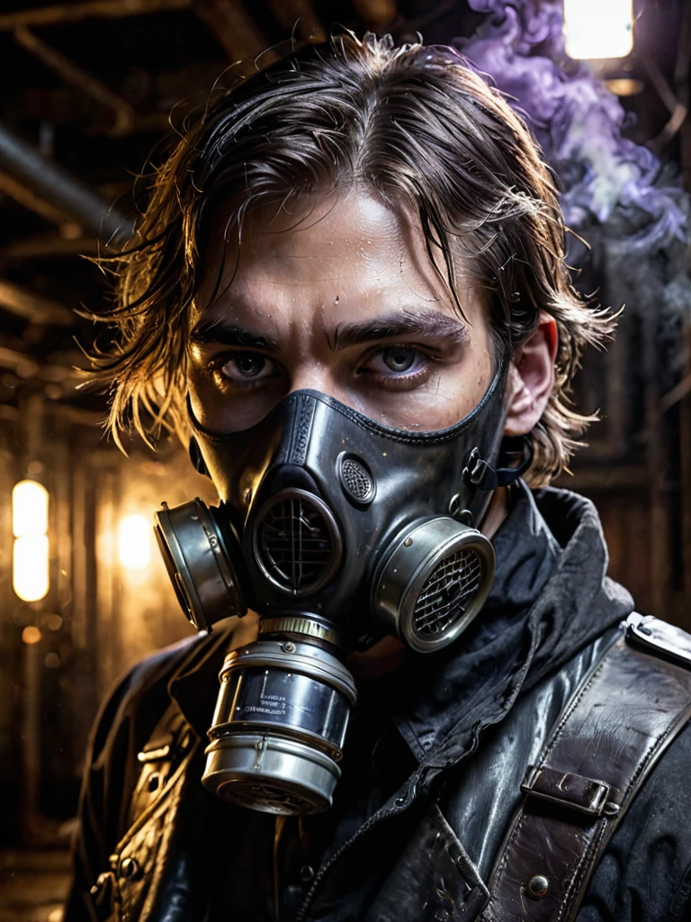 A high-resolution portrait of a man wearing a black leather gas mask, showcasing intricate details. The gas mask has a matte finish with visible stitching and metal rivets, giving it a rugged and worn appearance. His shoulder-length hair is damp, with individual strands sticking to his skin and glistening slightly in the light. His eyes are glowing dark purple, the irises radiating an eerie luminescence that contrasts sharply with the darkness around him. The skin visible around his eyes is pale, adding to the contrast and drawing more focus to his glowing eyes.
The background is a dimly lit, industrial setting with hints of metallic surfaces and shadows, creating a foreboding atmosphere. The lighting is low and directional, casting subtle highlights on the gas mask and his damp hair, while leaving parts of his face in shadow, enhancing the dramatic effect. There is a faint mist or smoke in the air, adding depth and texture to the scene. The overall ambiance is one of mystery and intensity, with a slightly dystopian feel.