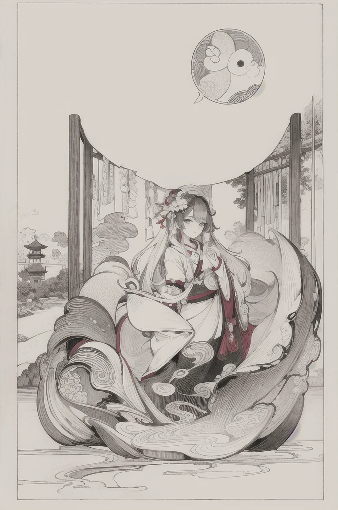best quality, masterpiece, photo, 4K, only one person, photorealistic, black and white, closeup, Create a realistic ukiyo-e illustration of a cute girl in a kimono that conveys Japanese culture in various poses with a Japanese garden in the background, using a simple monochrome coloring book that even children can do.
