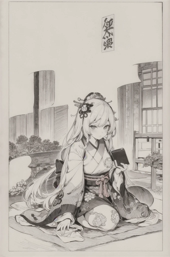 best quality, masterpiece, photo, 4K, only one person, photorealistic, black and white, closeup, Create a realistic ukiyo-e illustration of a cute girl in a kimono that conveys Japanese culture in various poses with a Japanese garden in the background, using a simple monochrome coloring book that even children can do.
