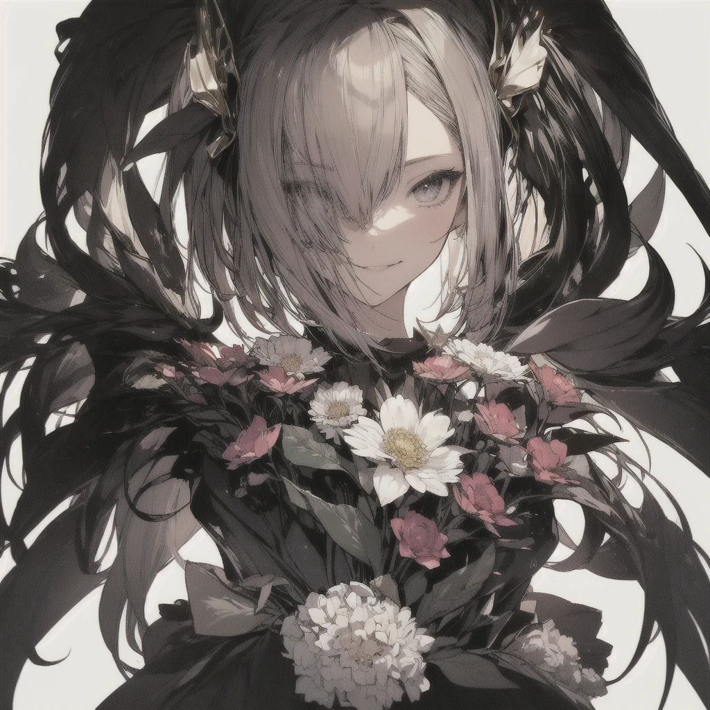 leaning front ,girl from upper view、(masterpiece, highest quality, official art:1.2), ,looking at the viewer,1 girl,alone, white background, ,(2D:1.5) ,whole body、Masterpiece、Popular on pixiv、Girl、dress、bouquet、sight、disorganized, absolute resolution, incredibly disorganized, High resolution, Looking at this、stare,lughing smiling、glad,cheerful,cheery