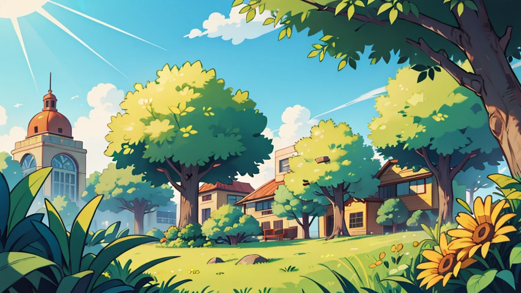 there is a district, some plants, bright sunny