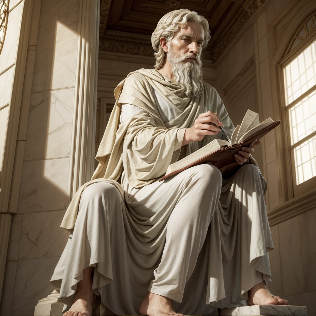 I want a photo of a marble philosopher sitting attentively reading the Bible