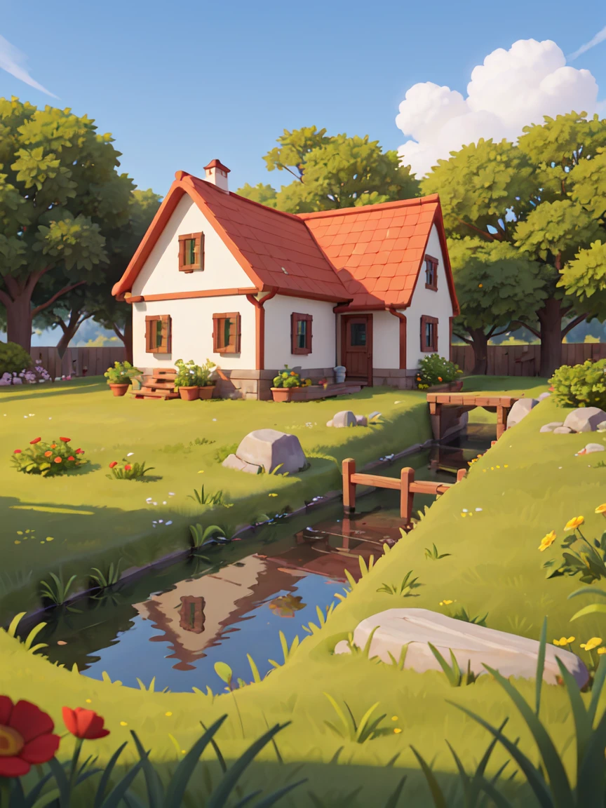 1 house,Red roof,White Wall,Game architecture design, Partial realism, farm, Stone, brick, Grass, river, Flowers, Trees, Casual game style, 2.5D, masterpiece, Super Detail, best quality,The viewing angle is Height3.5,Fov4-6