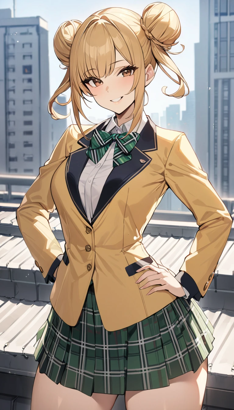 masterpiece, best quality, highres, 1girl, solo, long hair, blonde hair, double bun, drill hair, brown eyes, , green bowtie, blazer, yellow jacket, long sleeves, plaid skirt, green skirt, standing, put hands on hip,cowboy shot,on roof top, smile,