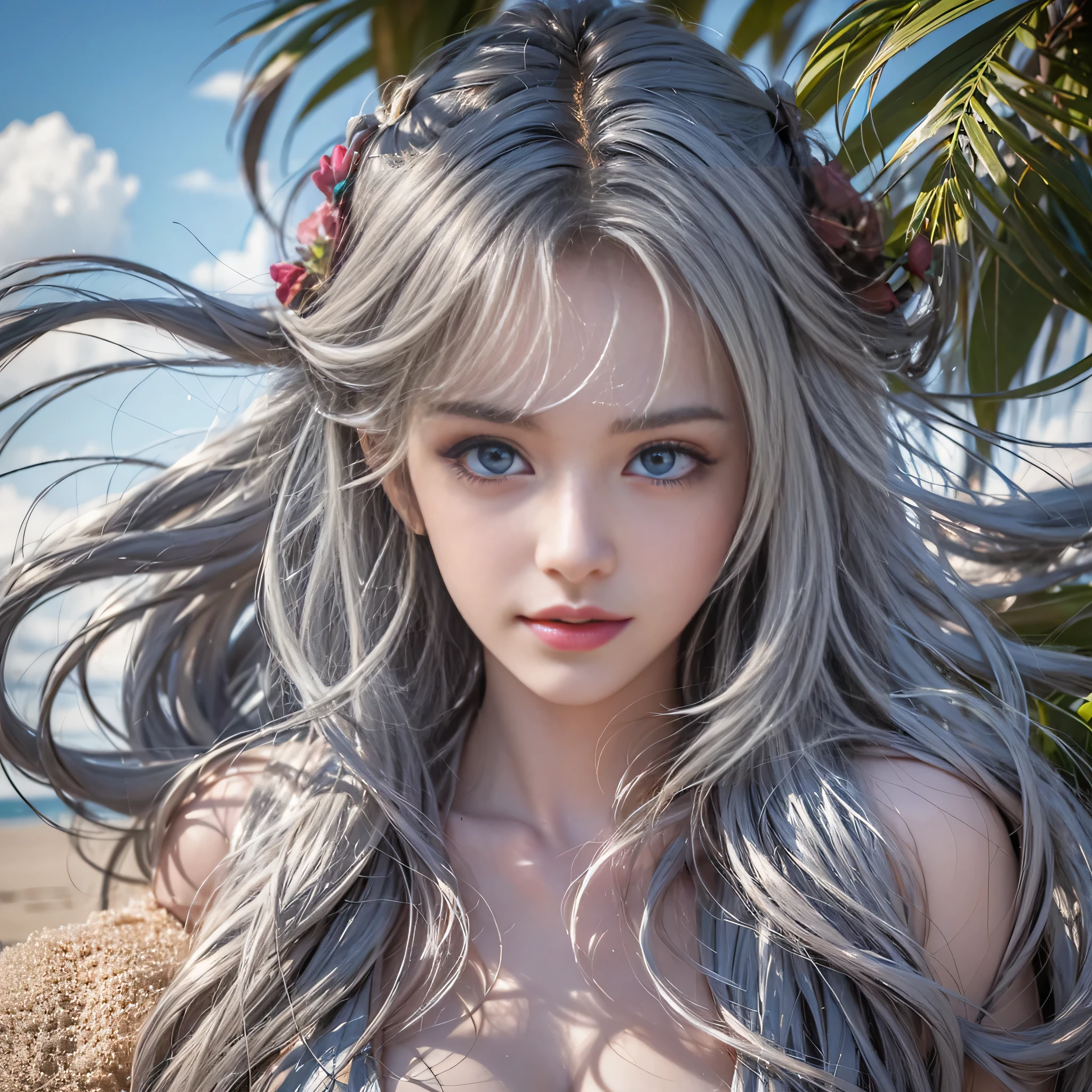 Realistic、masterpiece、High resolution、Soft Light、、Silver Hair、Blue Eyes、Hip Up、Maid clothes、gem、 、Beauty、one person娘、one person、Long Hair、Audience、smile、Blue Eyes、hair ornaments、Gray Hair、Cover your mouth、bangs、bracelet、lips、Grey Eyes、Portraiture、Red nails、close、赤いlips、Put your hands on your face、(Sexy pose)、(Shiny skin)、((Wearing a micro bikini))、((Girl with legs slightly spread)),((Girl in sexy swimsuit)),((Girl lying in the sand on the beach))、