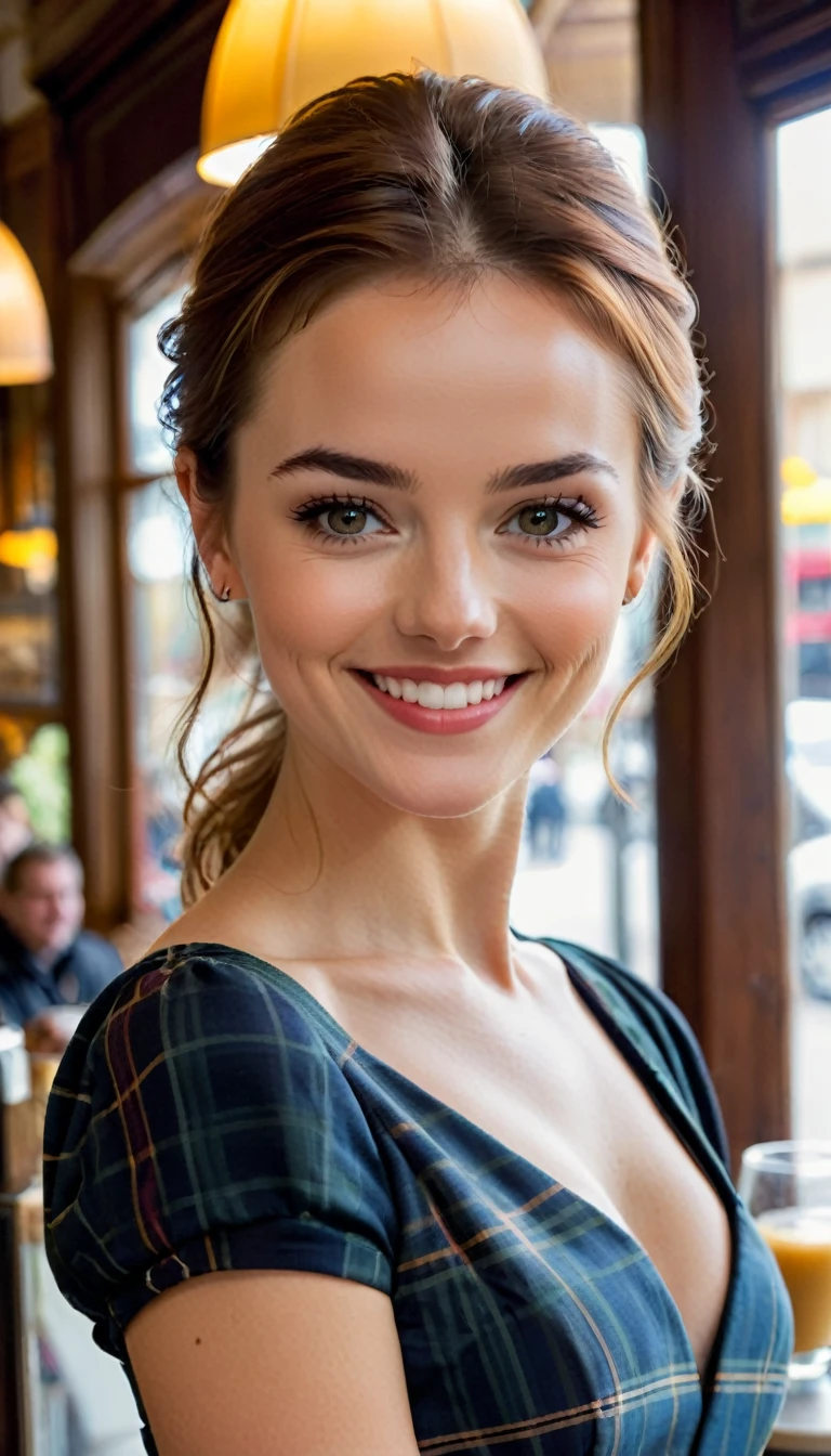 A stunning young, charming Scottish woman, Standing in the cafe corner with elegant, by Neal Adam, Detailed view (Lip and eyes) von Armstrong und Jay Anacleto, open smile, (folds, Makel, Hautporen) medium wide, Small angle, Image in super high quality