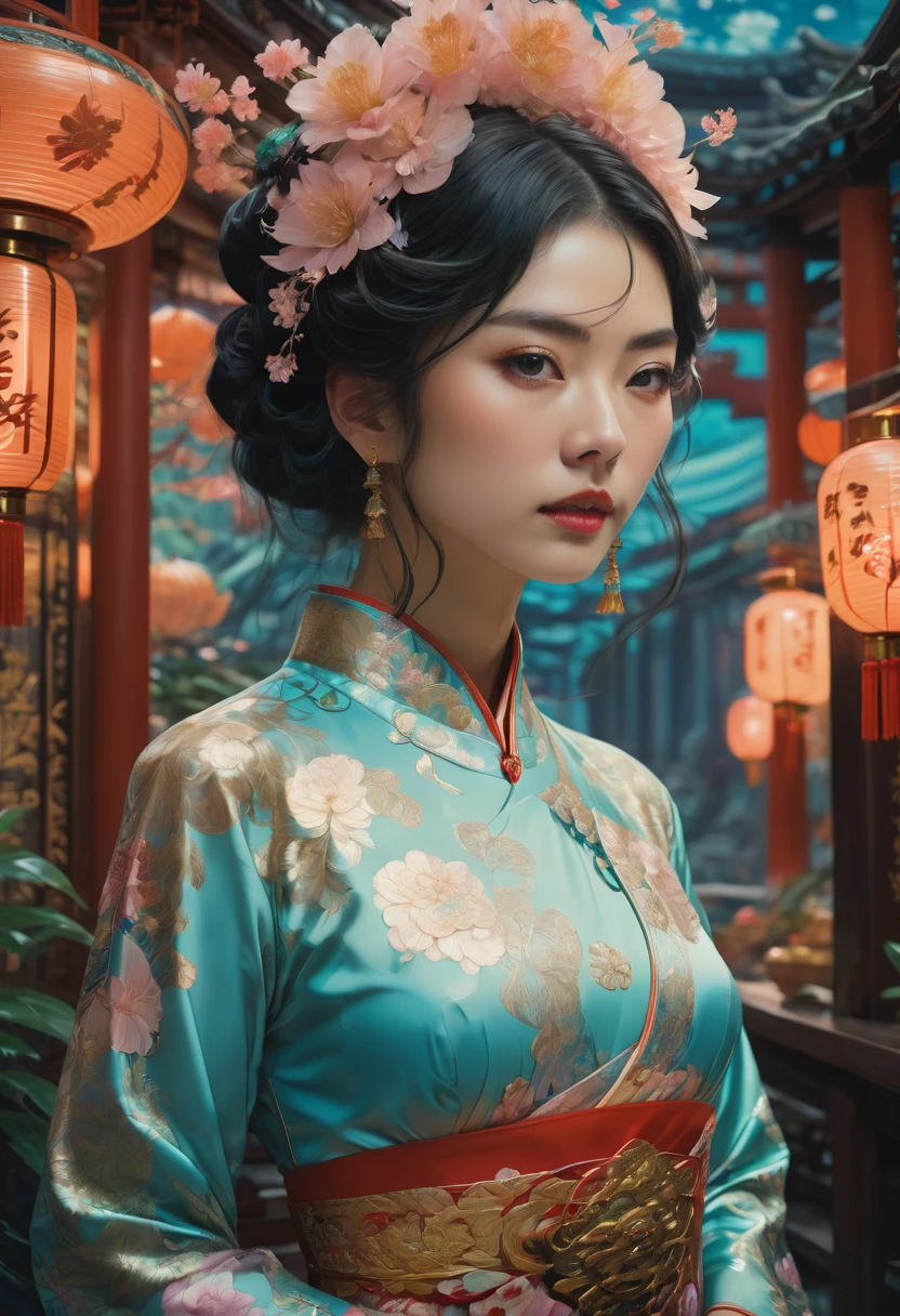 Cheongsam, by Studio Ghibli and Miles Aldridge, RAW photo, 35mm photograph, bokeh, best quality, masterpiece, very aesthetic, perfect composition, intricate details, ultra-detailed