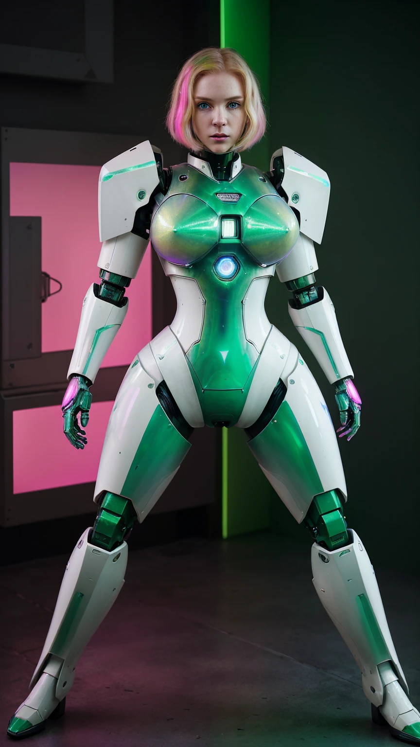 Cinematographic SCI-FI still captures a mechanical-warriorgirl, ([orange|copper] hair), (((emerald blighting eyes))), She has very pale skin(porcelain skin), (straight hair, combed back, hair clips), ((Dressed in a futuristic biomechanichal-armored spacesuit(Mecha style, with mecha body-enhancements, white lighting-joints, white-mechanical limbs, that accents her ample breasts and highlights her curves))), glass-helmet on the head, with a auricular-radio(diadema), a large shield on her hand, and in her back carrying a heaviest backpack. wear a pair of mecha high-heels. As asymmetric pose she Finds herself outside-isolated near of a forgotten spaceship(She encounters broken computers-parts, and strange glowing plants)-conjuring feelings of sadness and hopelessness. She is surrounded by a strange glowing plants. The scene is shot in low-contrast neon lighting, emphasizing the depressive colors and bleak atmosphere. The image is processed to resemble found footage from an '80s horror movie, with a strong vignette and grainy texture, (((The color palette revolves around Emerald-Green/ Magenta-Pink theme,neon-lighting accents(with holographic interfaces, like binaries codec numbers, and symbols on the background)))).
