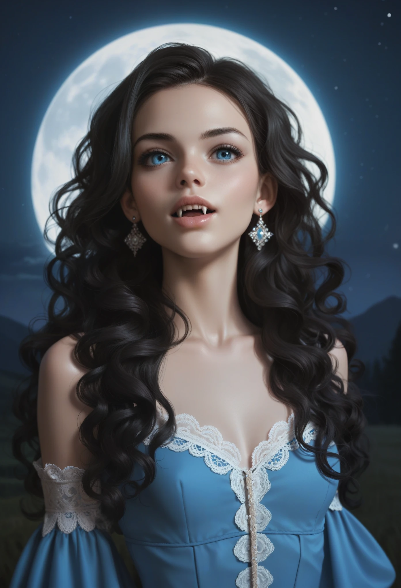 score_9, score_8_up, score_7_up, score_6_up, rating: safe, 1girl, solo, (black_hair:1.5), wavy_hair, jewelry, dress, blue_eyes, earrings, (long_hair:1.5), looking_at_viewer, curly_hair, upper_body, lips, lace, blue_dress, (night:1.3), cxqz8r, medieval_dress, medieval_landscape, fullmoon, rpg, (rape_face:1.3), narrow_waist, (skinny:1.3), (pale_skin:1.2), open_mouth, parted_lips, (oral_invitation:1.2), (fangs:1.4), raised_eyebrow