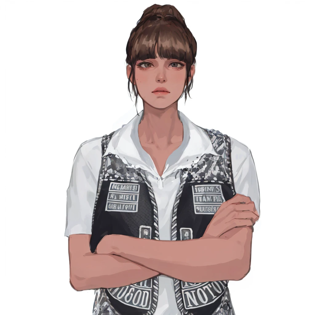 (masterpiece:1.2, best quality), (1girl, solo, upper body:1.2),flat face,Hair: buzz cut, Clothing: oversized, distressed denim jacket with patches and pins, paired with black skinny jeans and combat boots, Hanging out in an underground music venue or street art exhibit