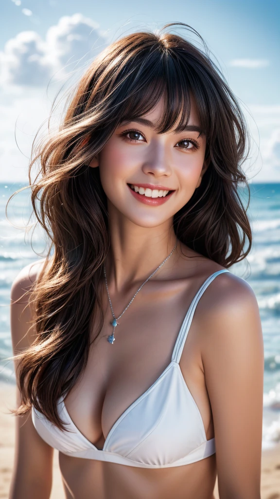 (highest quality、8K、32k、masterpiece)、(RAW Photos)、(Realistic)、(High resolution)、Very detailed、Very beautiful face and eyes、1girl,White Bikini、Simple silver necklace、Beach、blue sky、cloud、summer、(Upper Body), (Shiny Hair, Shiny skin), (Background blur), (Shallow depth of field),Eye Reflexes, (Smile and laugh:1.2),bangs、Hair in the wind、Backlight:1.2、Wavy Hair、Shortcuts