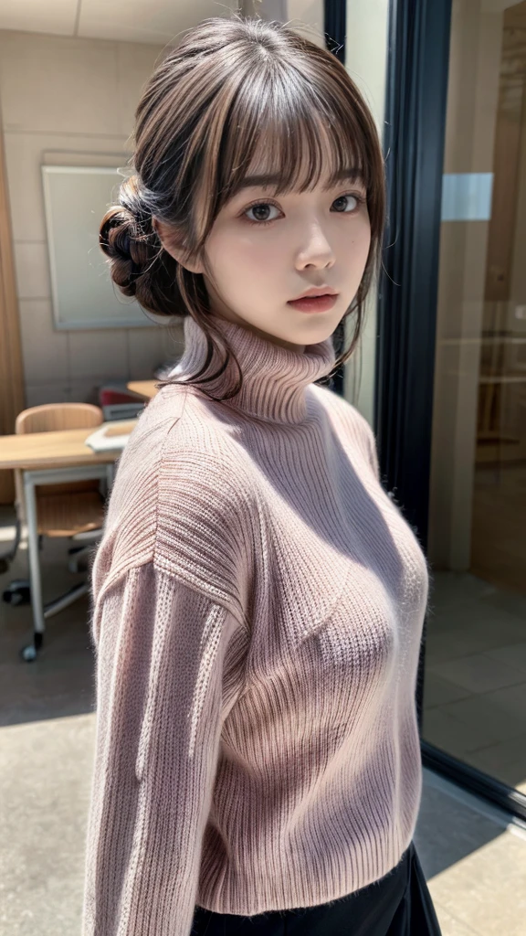 highest quality,Very detailed,finely,High resolution,8k wallpaper,Perfect dynamic composition,20 yo, Office Lady,whole body,Are standing,Pink knitwear,turtleneck,Shedding bangs,updo,finel beautiful eyes,Natural Lip