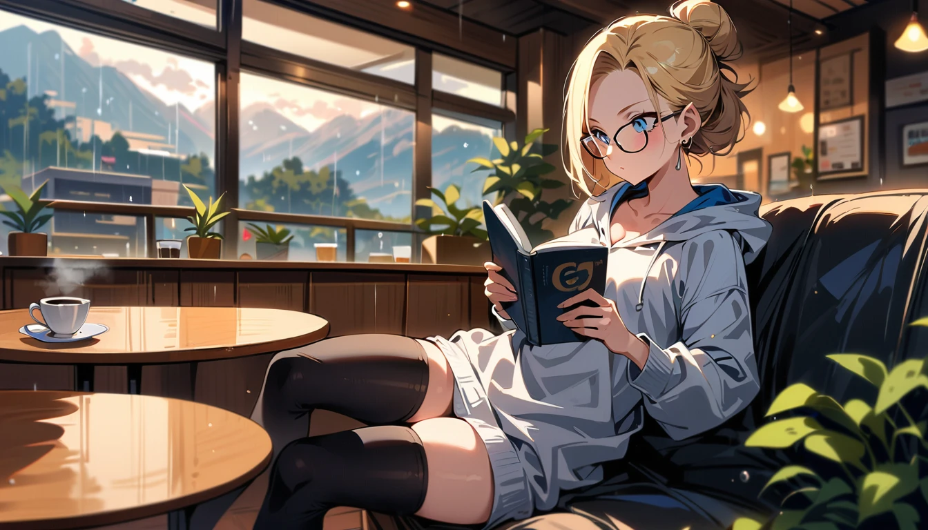 (masterpiece, best quality:1.2), solo, Android 18 from Dragon Ball, ((light gray hooded sweatshirt, Oversized hooded sweatshirt, long sleeve, black thin thigh highs, knees up, purple silky panties)), small breasts, blonde hair, (single hair bun), ((blue eyes)), (wearing glasses), earrings on earlobes, slender feminine figure, skinny body, (drinking a coffee), cleavage, off shoulder, light blush, chill, hot coffee, organized, simple, white-based interior, a few plants, cloudy sky, terrace, magnificent view, blur background, 4K, on the cute chair, (pale blue chair),