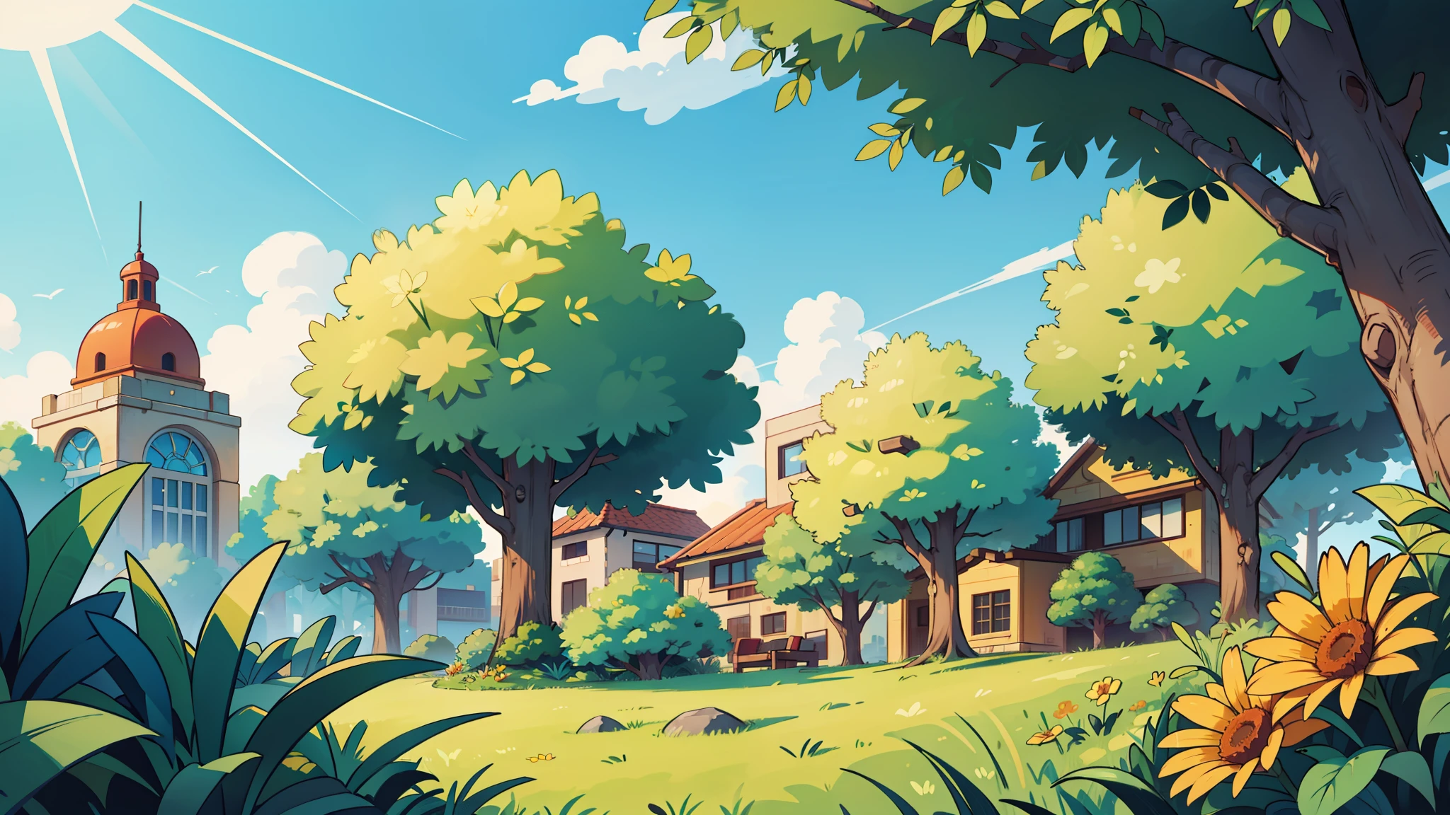 there is a district, some plants, bright sunny