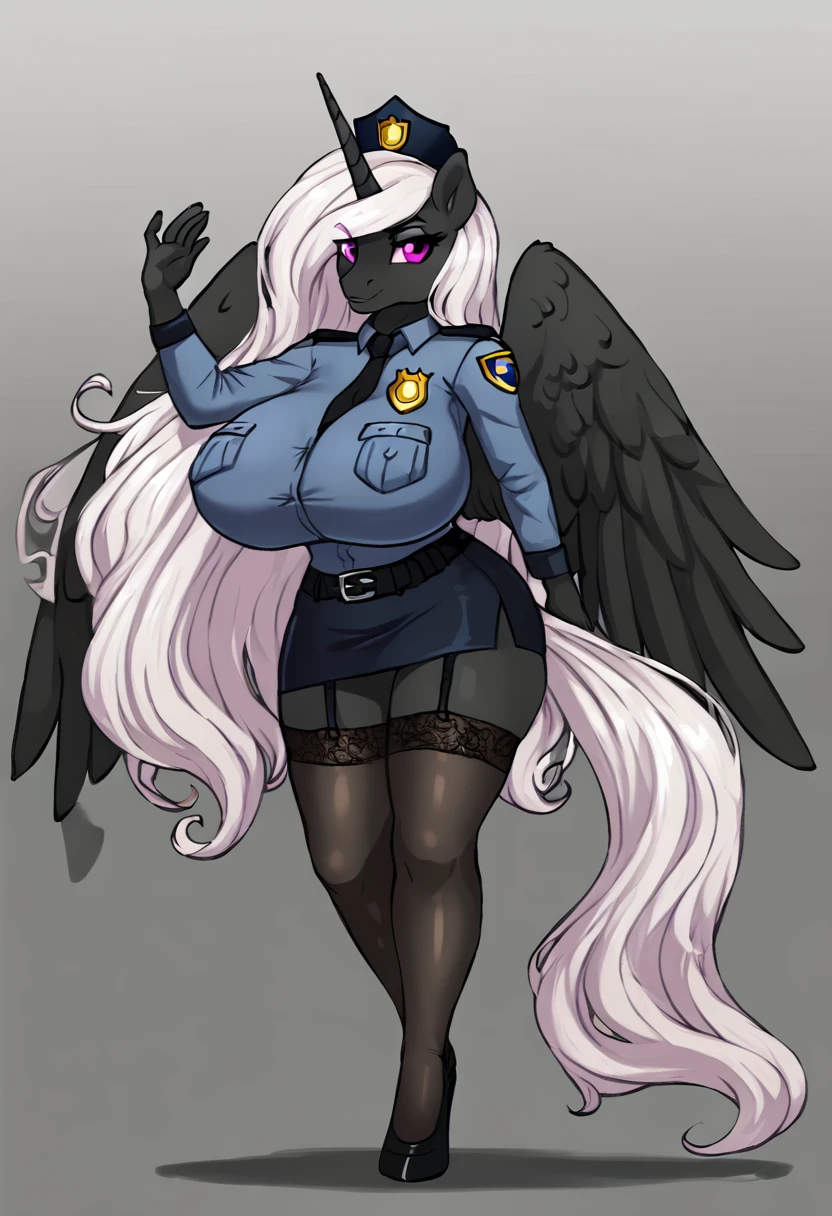 Alicorn princess , white mane, ,black fur color long flowing mane pink eyes anthro huge breasts police uniform,long stockings skirt